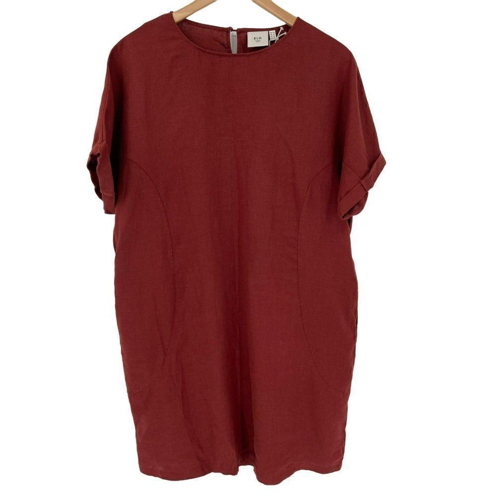 Elk French Linen Midi Shift Dress Short Sleeves Copper Size 10 NWT Lagenlook